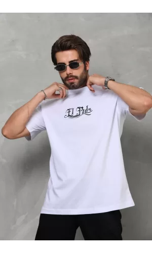 Luz&Pos Unisex Bisiklet Yaka Baskılı Oversize T-shirt - Beyaz