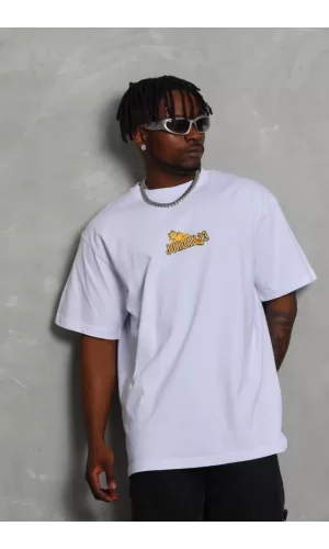 Unisex Bisiklet Yaka Baskılı Oversize T-Shirt - Beyaz
