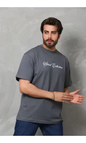 Unisex Bisiklet Yaka Baskılı Oversize T-Shirt - Füme