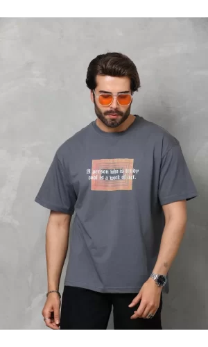 Luz&Pos Unisex Bisiklet Yaka Baskılı Oversize T-shirt - Füme