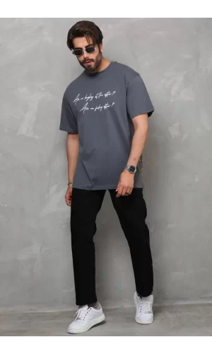 Luz&Pos Unisex Bisiklet Yaka Baskılı Oversize T-shirt - Füme