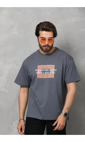 Unisex Bisiklet Yaka Baskılı Oversize T-Shirt - Füme
