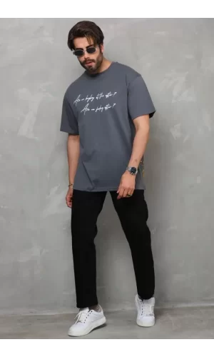Unisex Bisiklet Yaka Baskılı Oversize T-Shirt - Füme