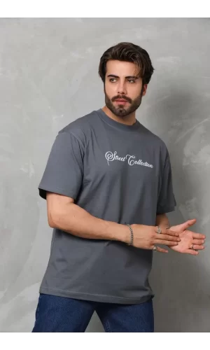 Luz&Pos Unisex Bisiklet Yaka Baskılı Oversize T-shirt - Füme