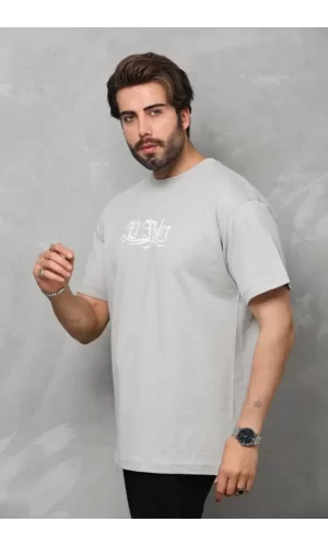 Unisex Bisiklet Yaka Baskılı Oversize T-Shirt - Gri