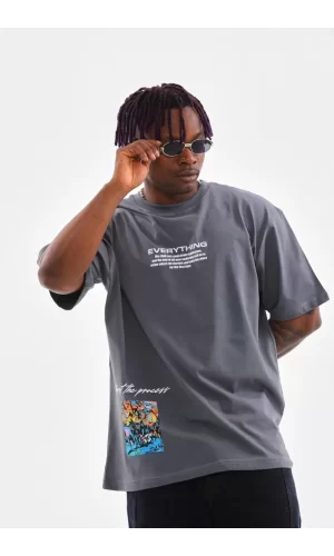 Luz&Pos Unisex Bisiklet Yaka Baskılı Oversize T-shirt - Gri