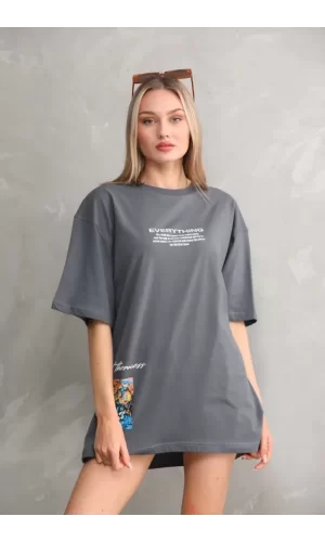 Unisex Bisiklet Yaka Baskılı Oversize T-Shirt - Gri
