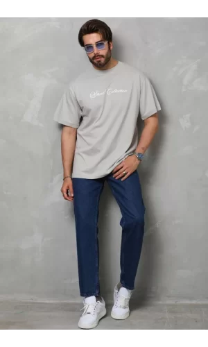 Luz&Pos Unisex Bisiklet Yaka Baskılı Oversize T-shirt - Gri