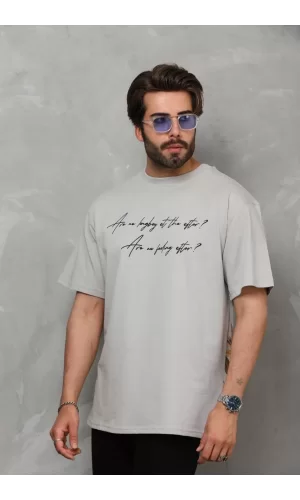 Luz&Pos Unisex Bisiklet Yaka Baskılı Oversize T-shirt - Gri