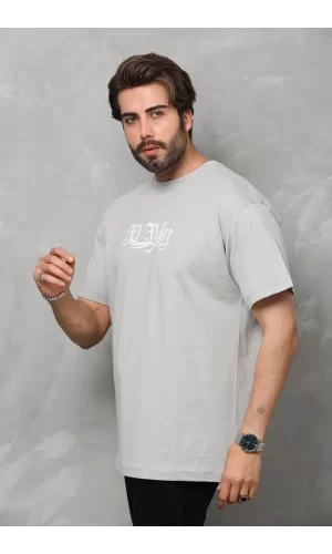 Luz&Pos Unisex Bisiklet Yaka Baskılı Oversize T-shirt - Gri