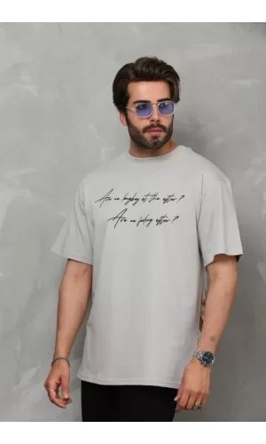 Unisex Bisiklet Yaka Baskılı Oversize T-Shirt - Gri