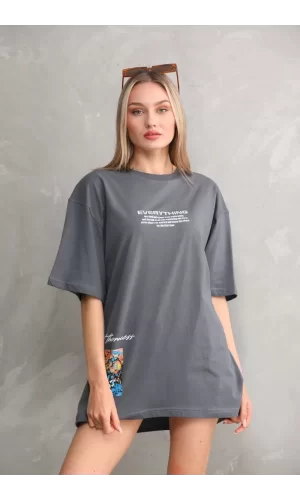 Luz&Pos Unisex Bisiklet Yaka Baskılı Oversize T-shirt - Gri