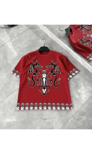 Luz&Pos Unisex Bisiklet Yaka Baskılı Oversize T-shirt - Kırmızı