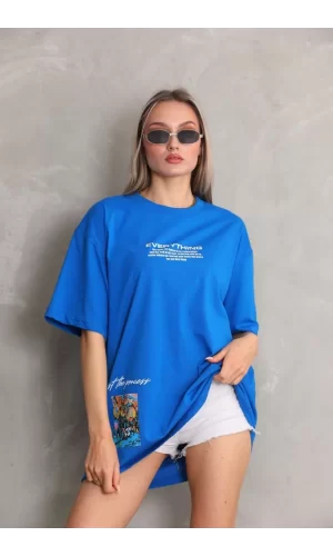 Luz&Pos Unisex Bisiklet Yaka Baskılı Oversize T-shirt - Mavi