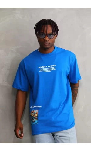 Luz&Pos Unisex Bisiklet Yaka Baskılı Oversize T-shirt - Mavi