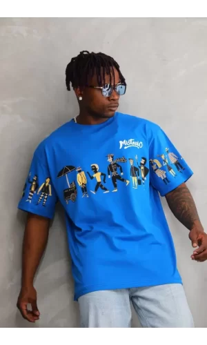 Unisex Bisiklet Yaka Baskılı Oversize T-Shirt - Mavi