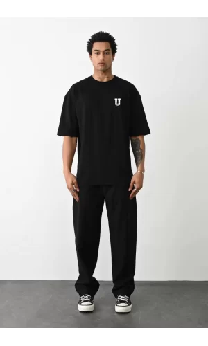Luz&Pos Unisex Bisiklet Yaka Baskılı Oversize T-shirt - Siyah