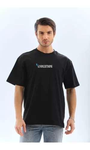 Unisex Bisiklet Yaka Baskılı Oversize T-Shirt - Siyah