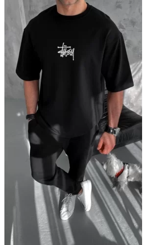 Luz&Pos Unisex Bisiklet Yaka Baskılı Oversize T-shirt - Siyah