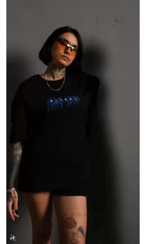 Unisex Bisiklet Yaka Baskılı Oversize T-Shirt - Siyah