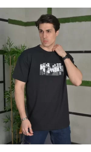 Luz&Pos Unisex Bisiklet Yaka Baskılı Oversize T-shirt - Siyah