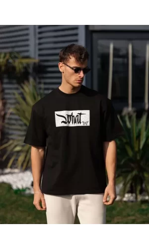 Unisex Bisiklet Yaka Baskılı Oversize T-Shirt - Siyah