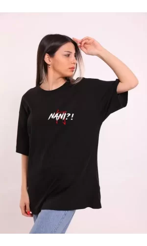 Luz&Pos Unisex Bisiklet Yaka Baskılı Oversize T-shirt - Siyah