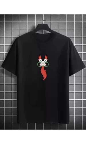 Unisex Bisiklet Yaka Baskılı Oversize T-Shirt - Siyah