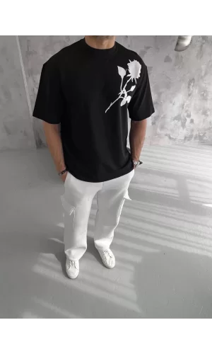 Luz&Pos Unisex Bisiklet Yaka Baskılı Oversize T-shirt - Siyah