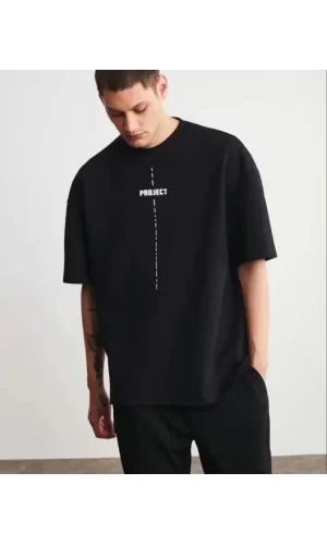 Unisex Bisiklet Yaka Baskılı Oversize T-Shirt - Siyah