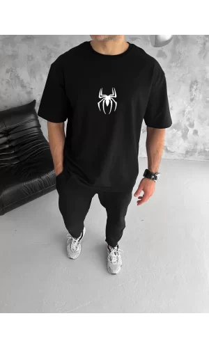 Luz&Pos Unisex Bisiklet Yaka Baskılı Oversize T-shirt - Siyah
