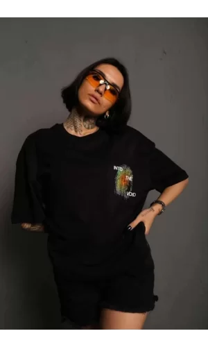 Luz&Pos Unisex Bisiklet Yaka Baskılı Oversize T-shirt - Siyah