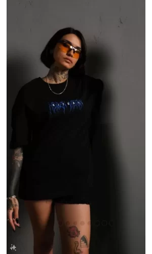 Luz&Pos Unisex Bisiklet Yaka Baskılı Oversize T-shirt - Siyah
