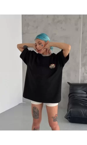 Luz&Pos Unisex Bisiklet Yaka Baskılı Oversize T-shirt - Siyah
