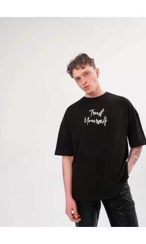 Luz&Pos Unisex Bisiklet Yaka Baskılı Oversize T-shirt - Siyah