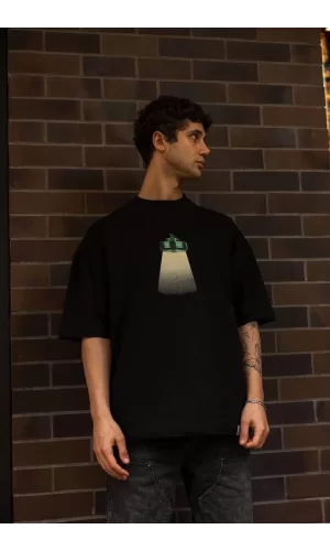Luz&Pos Unisex Bisiklet Yaka Baskılı Oversize T-shirt - Siyah