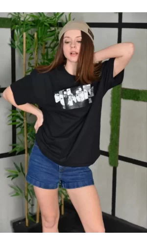 Luz&Pos Unisex Bisiklet Yaka Baskılı Oversize T-shirt - Siyah