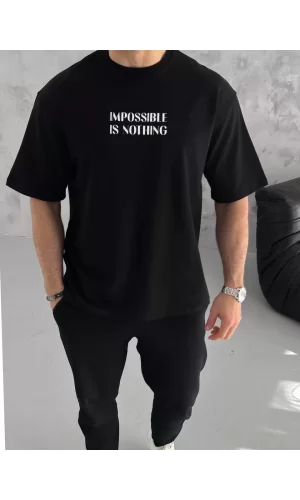 Luz&Pos Unisex Bisiklet Yaka Baskılı Oversize T-shirt - Siyah