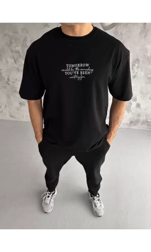 Luz&Pos Unisex Bisiklet Yaka Baskılı Oversize T-shirt - Siyah