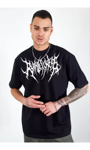 Unisex Bisiklet Yaka Baskılı Oversize T-Shirt - Siyah