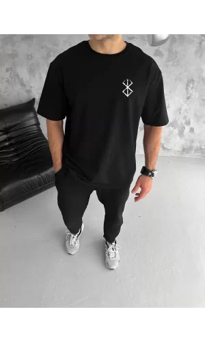 Luz&Pos Unisex Bisiklet Yaka Baskılı Oversize T-shirt - Siyah