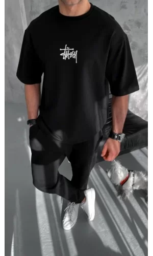 Unisex Bisiklet Yaka Baskılı Oversize T-Shirt - Siyah