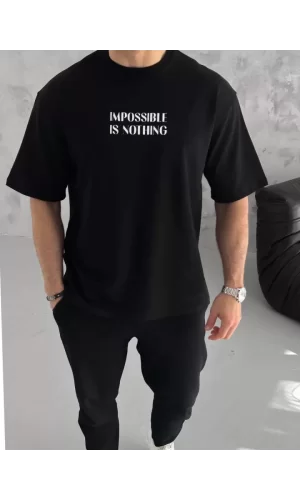 Unisex Bisiklet Yaka Baskılı Oversize T-Shirt - Siyah