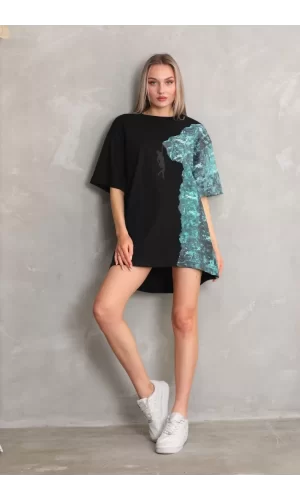 Luz&Pos Unisex Bisiklet Yaka Baskılı Oversize T-shirt - Siyah