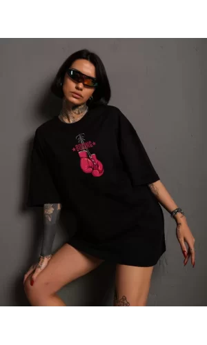 Luz&Pos Unisex Bisiklet Yaka Baskılı Oversize T-shirt - Siyah