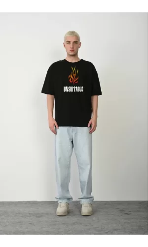 Luz&Pos Unisex Bisiklet Yaka Baskılı Oversize T-shirt - Siyah