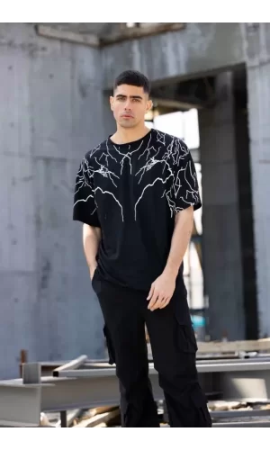 Unisex Bisiklet Yaka Baskılı Oversize T-Shirt - Siyah