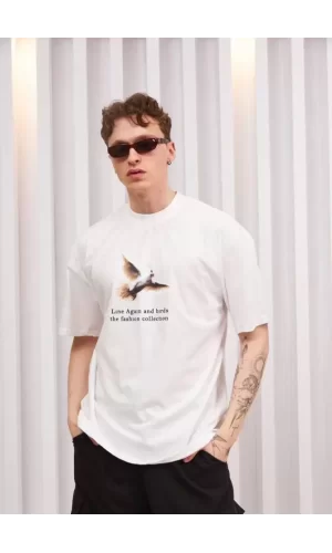 Unisex Bisiklet Yaka Baskılı Oversize T-Shirt - Siyah