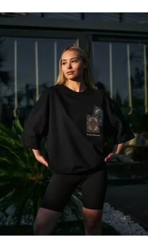 Unisex Bisiklet Yaka Baskılı Oversize T-Shirt - Siyah