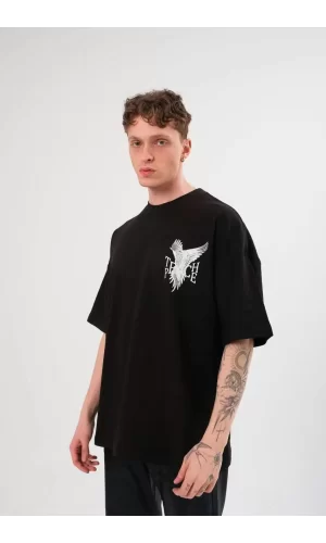 Luz&Pos Unisex Bisiklet Yaka Baskılı Oversize T-shirt - Siyah